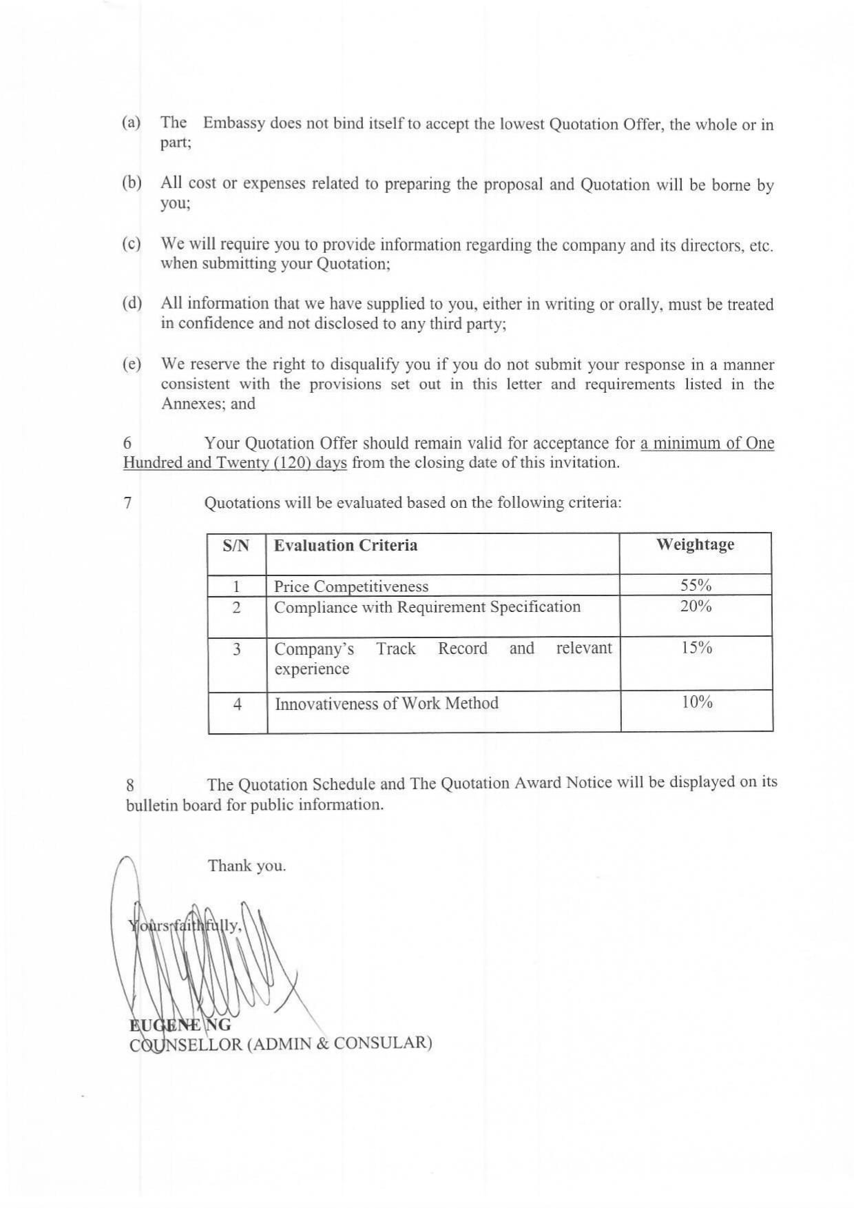 Official document with criteria table, clauses, and signature from Eugene Ng, Counsellor.